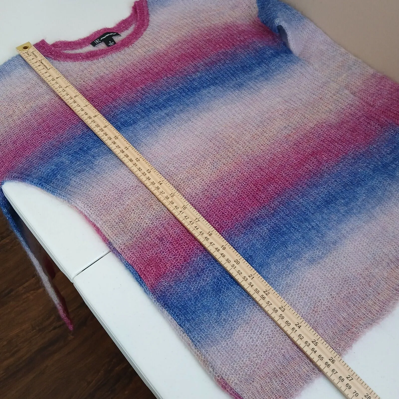 INC Sheer Sweater Women Small Striped Ombre Fuzzy Retro Whimsical Soft Gradient - Image 10