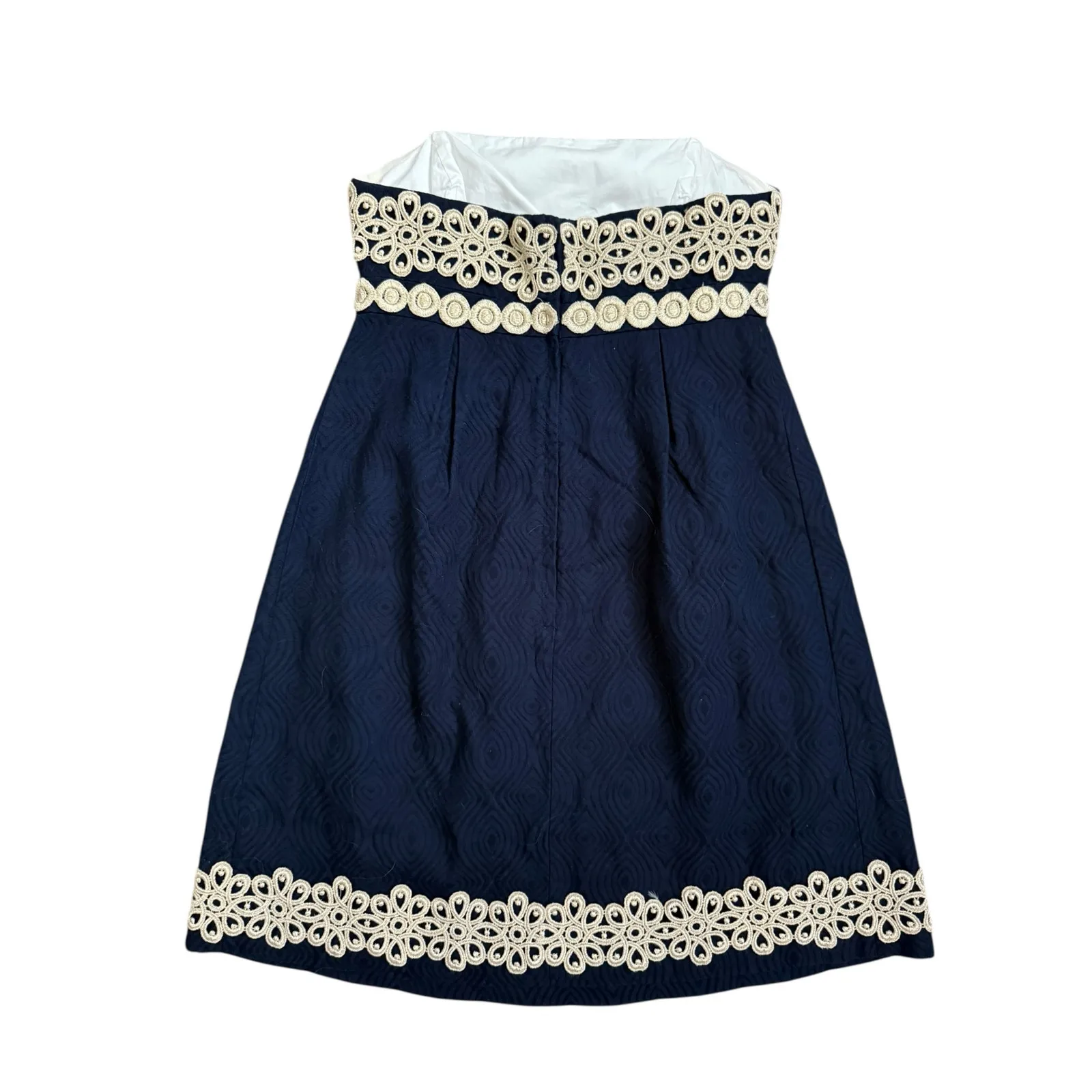 Lilly Pulitzer Betsey Jacquard‎ Gold Lace Navy Blue Strapless Dress Size 0 - Image 5