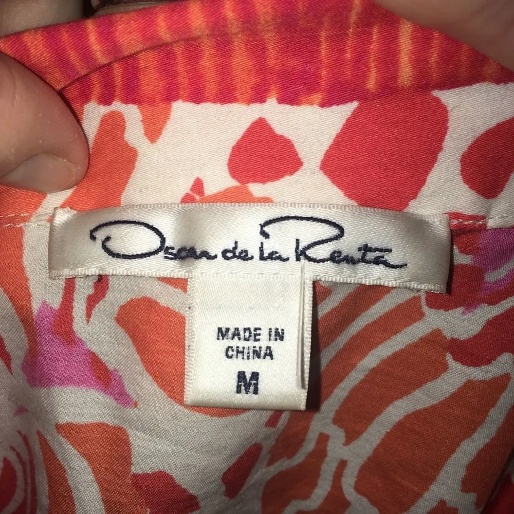 Vintage Oscar de La Renta M pink & orange floral button down blouse - Image 2