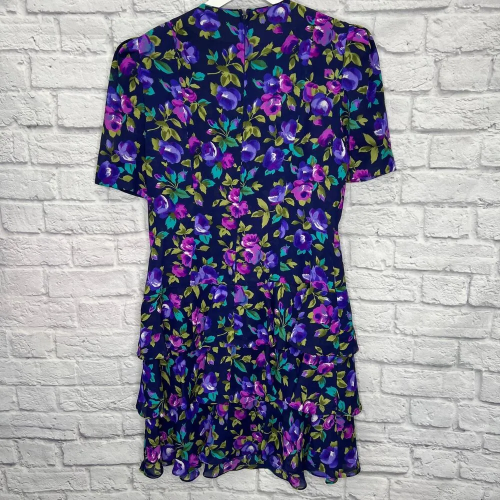 Vintage Leslie Fay Purple Floral Dress Size 10 Short Sleeve Tiered Ruffle 80/90s - Image 2