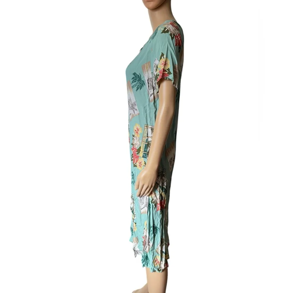 Hibiscus Collection Hawaii Vintage Y2K Tropical Postcard Tourist Travel Dress Blue Size L - Image 5