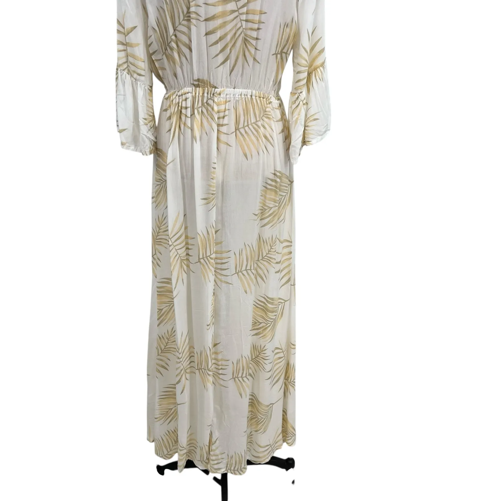 Tiare Hawaii Maxi Dress Kimono Sleeve Palm Print White Beige One Size - Image 10