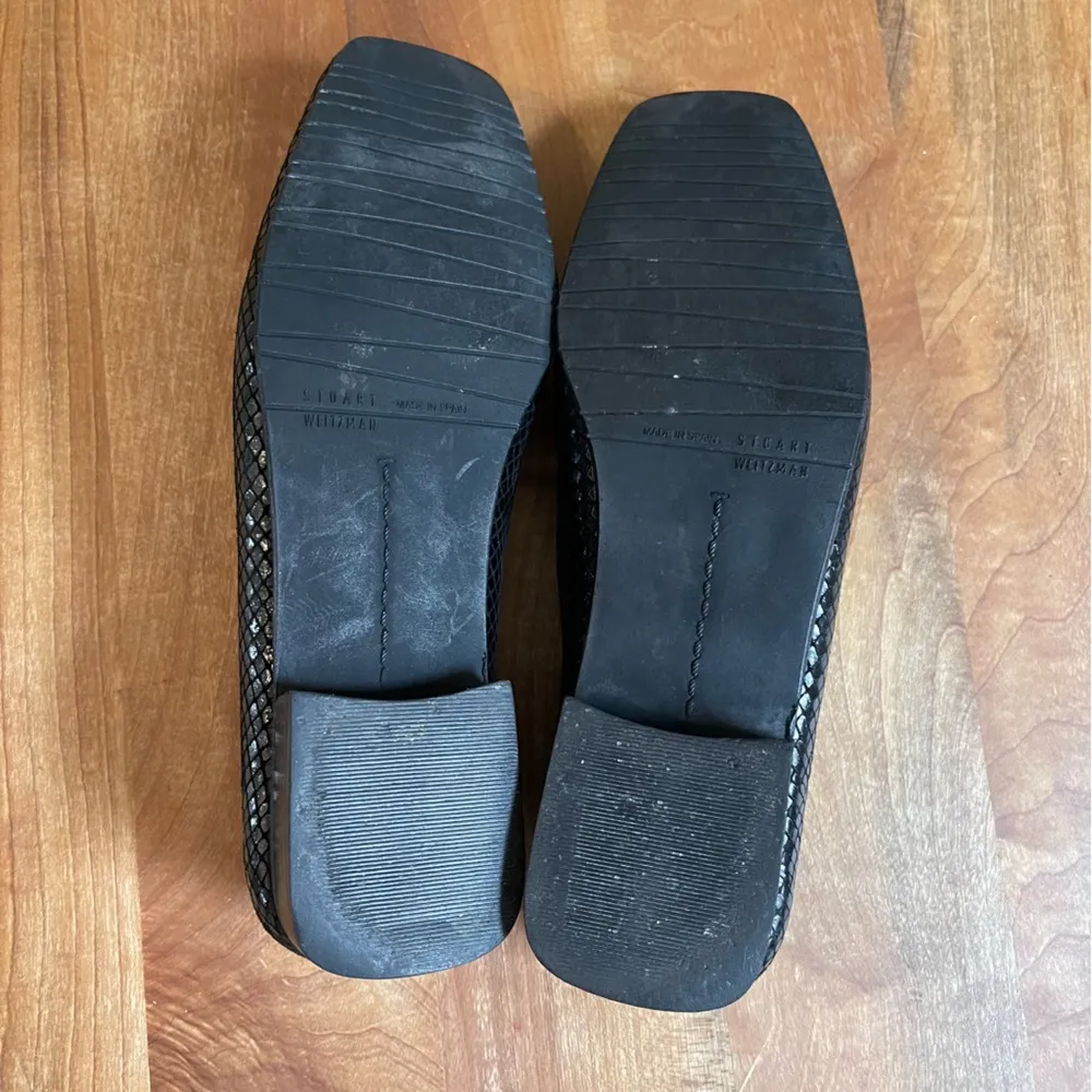 Stuart Weitzman Black Leather Snakeskin Square Toe Loafers Onyx Silver Buckle 7 - Image 2