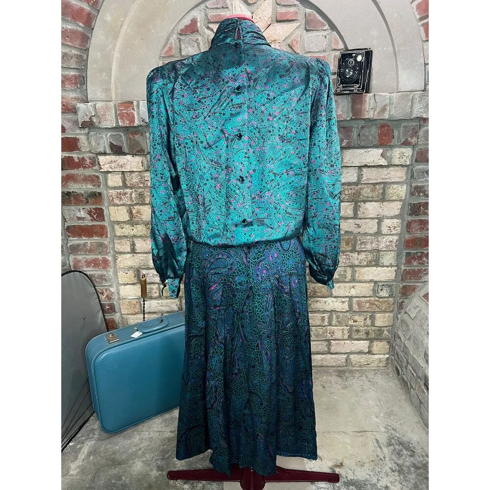 dress blouson vintage satin mock neck pleated skirt teal green fuchsia pink - Image 3