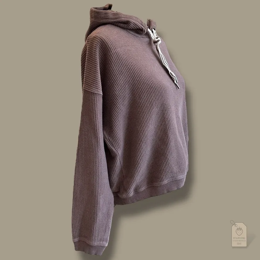 Aerie 100% Cotton Ribbed Knit Hoodie Brown Taupe S Cozy Fall Neutral - Image 3