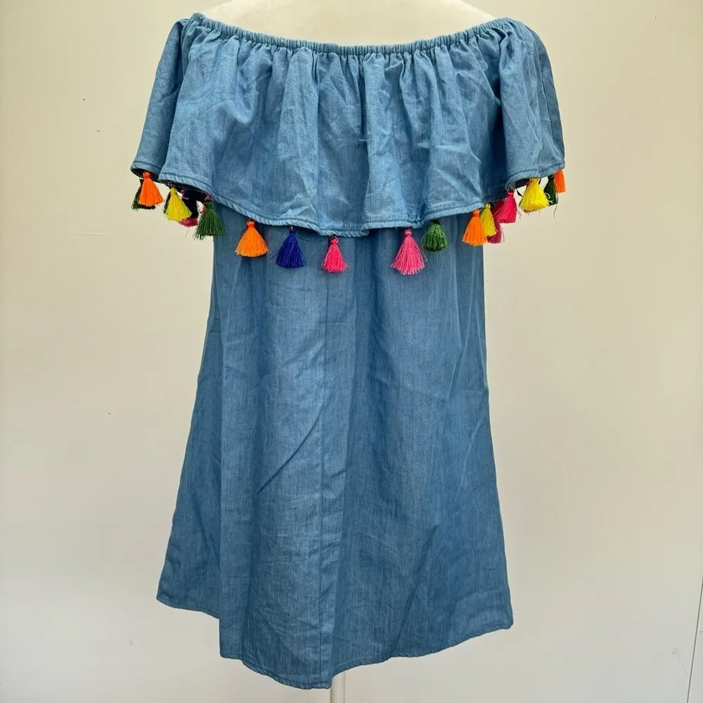 Blue Chambray Off Shoulder Ruffle Mini Dress Multicolored Tassels Forever 21 - Image 6