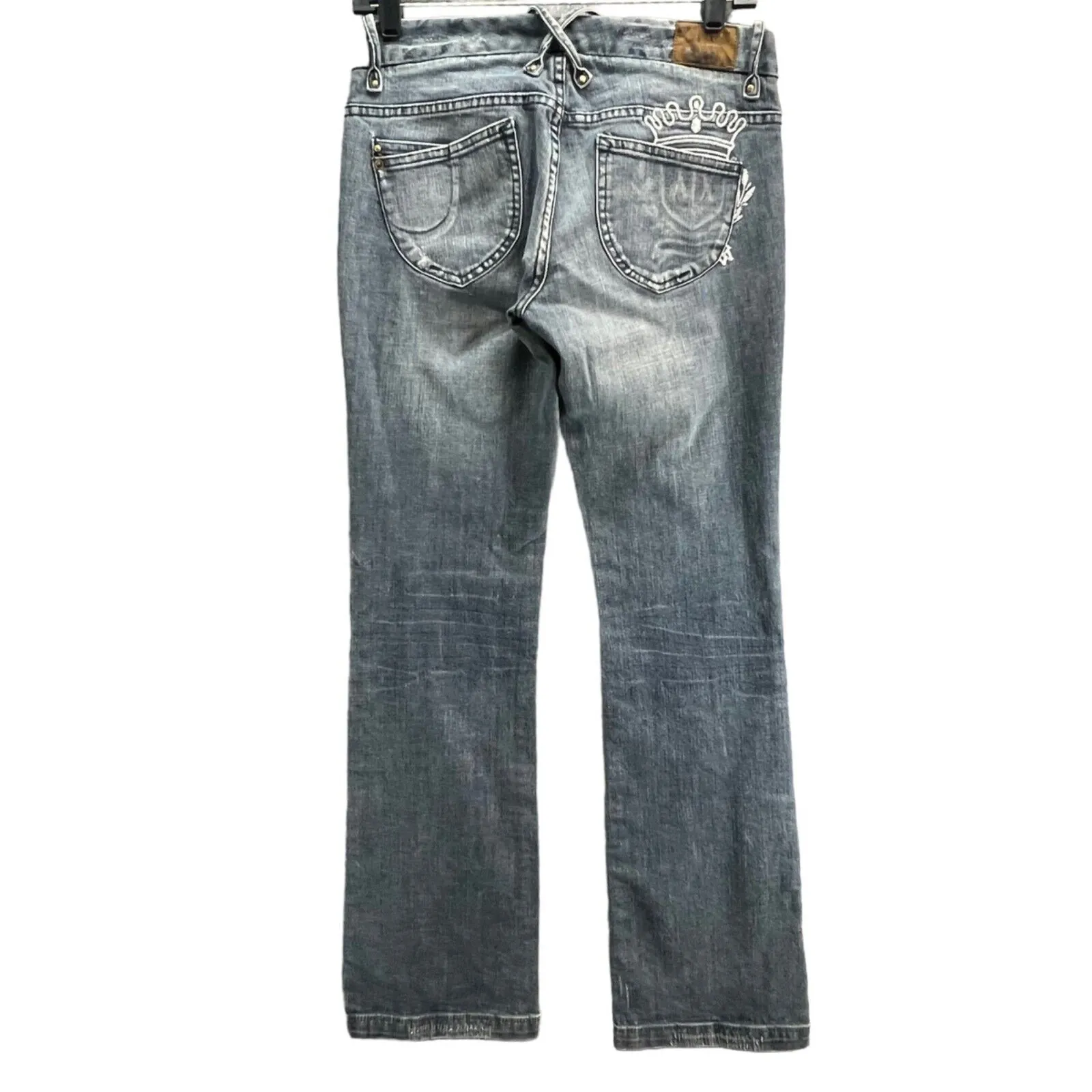 Armani Exchange Y2K Jeans 6 Blue Bootcut Leather Trim Low Rise Stretch Grunge - Image 4