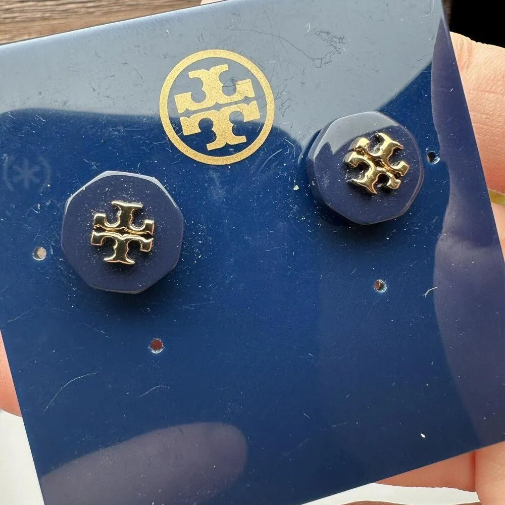 Tory Burch Logo Blue & Gold Tone Round Stud Pierced Earrings NWT - Image 3