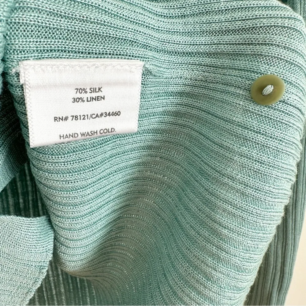 Eileen Fisher Blue Green Silk Linen Blend ribbed V Neck Cardigan Sweater XS - Image 6