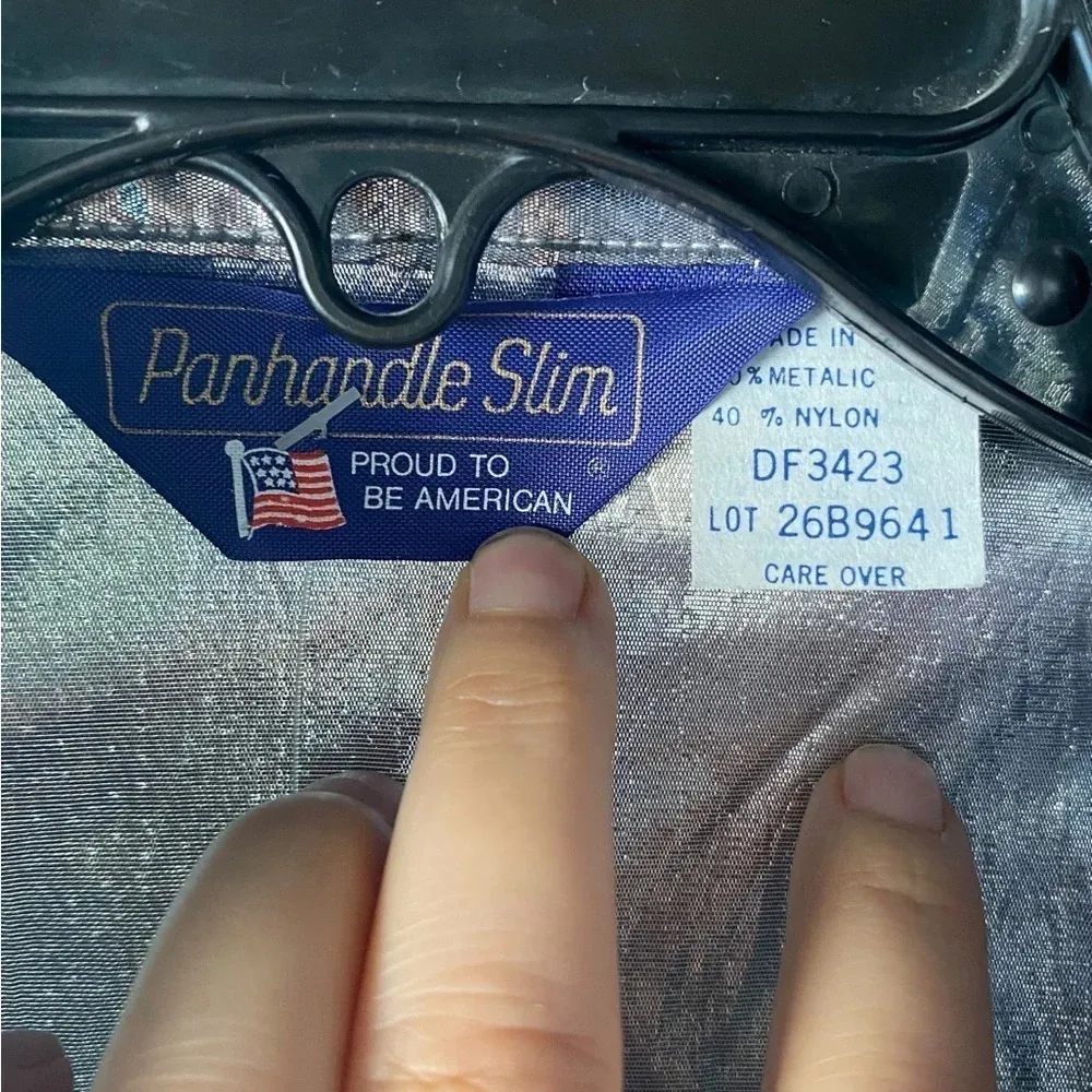 VTG Lame metallic western Glam silver black embroidered cowgirl button shirt Size L - Image 4