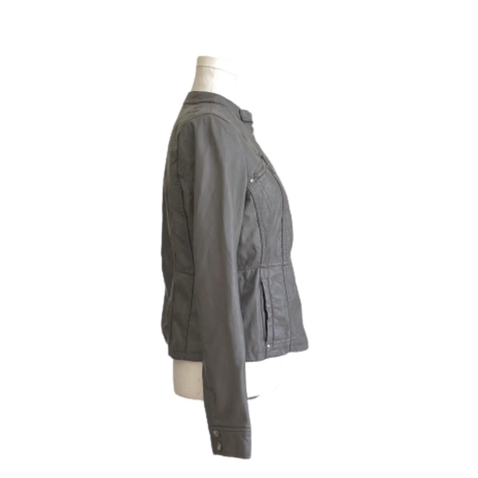 Jou Jou Jacket Gray Faux Leather Detachable Hood Fitted Pockets Moto Coat Medium - Image 6