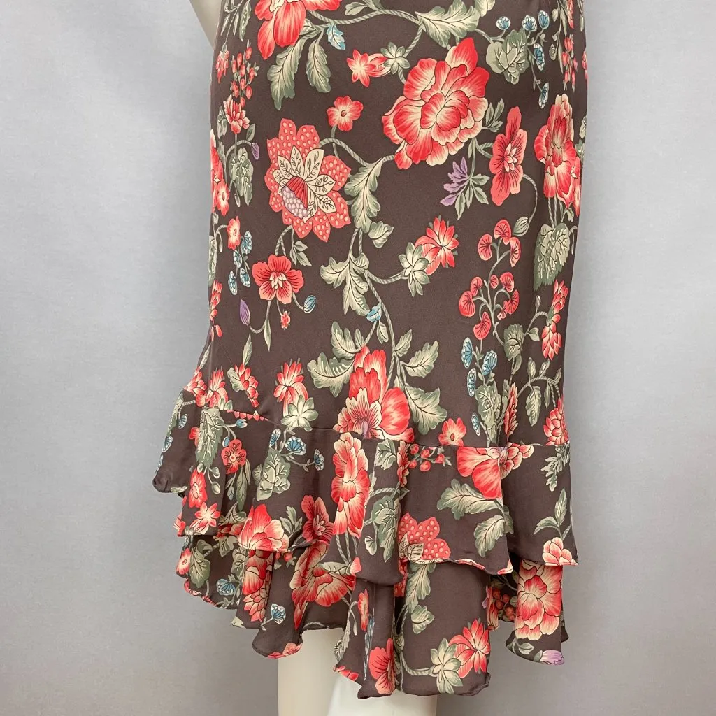 Jones New York Bias Cut Dress Silk Floral ALTERED V-Neck Women Flirty Brown Pink - Image 6