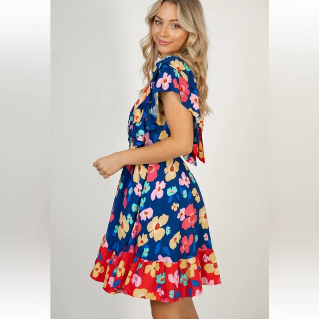 White Birch Empire Waist Flutter Sleeve Open Tie Back Floral Mini Dress 1X New - Image 5