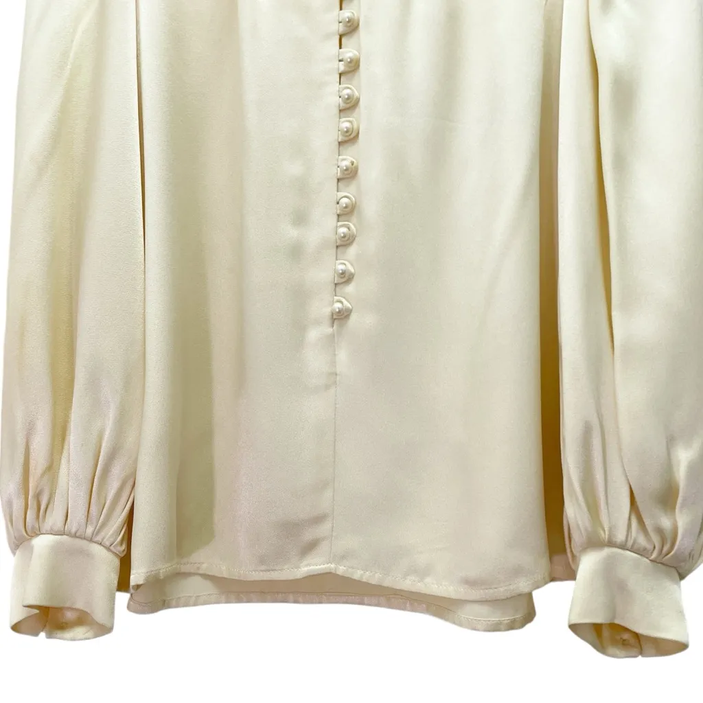 Vintage Jessica’s Gunnies Cream Silk Blouse Victorian Satin Pearl Buttons Small Pink - Image 9