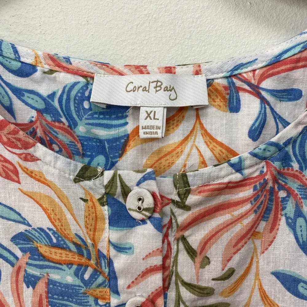 Coral Bay Linen Blend Top XL Multicolor Button Coastal Grandma Beach Sustainable - Image 3