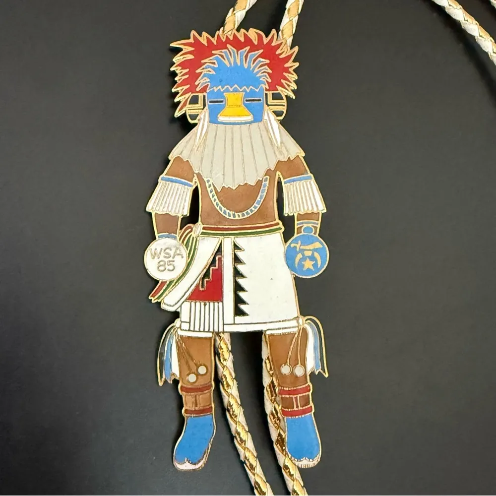 Vintage WSA 85 Babbar 1985 Masonic Kachina Dancer Bolo Tie Tucson Arizona Blue - Image 5