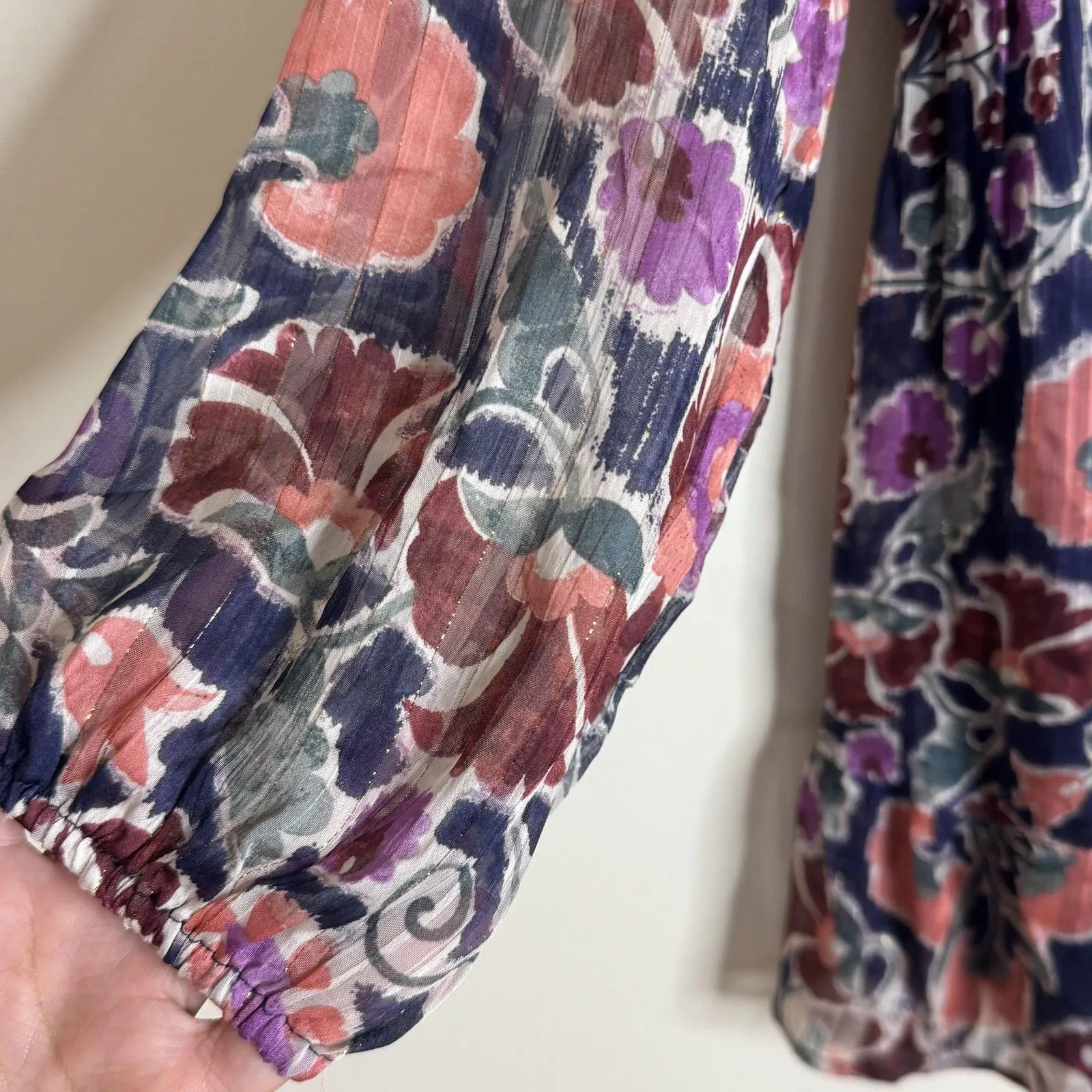 Very J Dress Womens Large Navy Purple Floral Boho Long Sleeve Lined Tie Front - Image 4