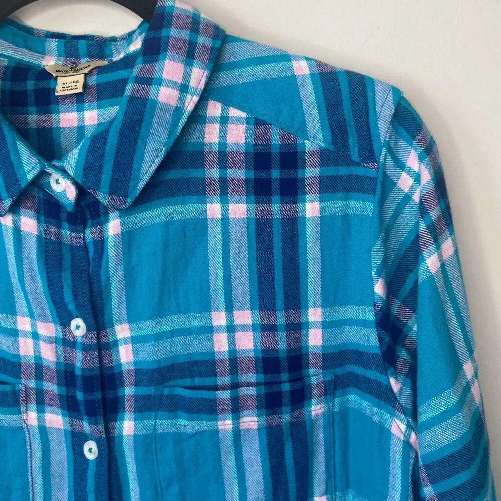 Woolrich Turquoise Blue & Pink Plaid Button Up Long Sleeve Tee Sz XL - Image 4