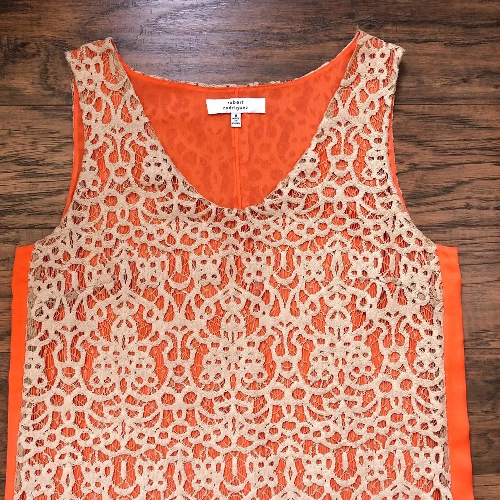 Robert Rodriguez • silk & lace shift dress orange chiffon beige tan sleeveless - Image 6