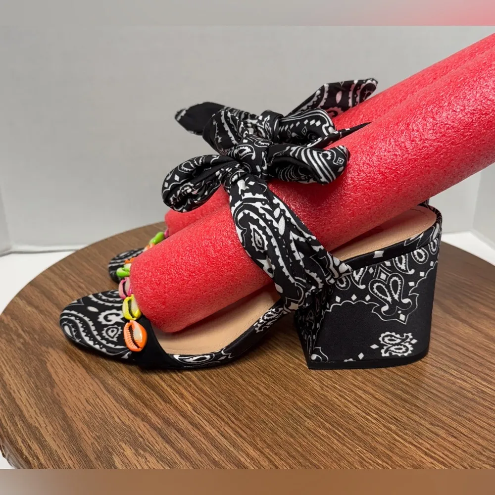 Schutz Malia Embellished Shell Material Bandana Print Slide Wrap Tie Sandals 9B - Image 2