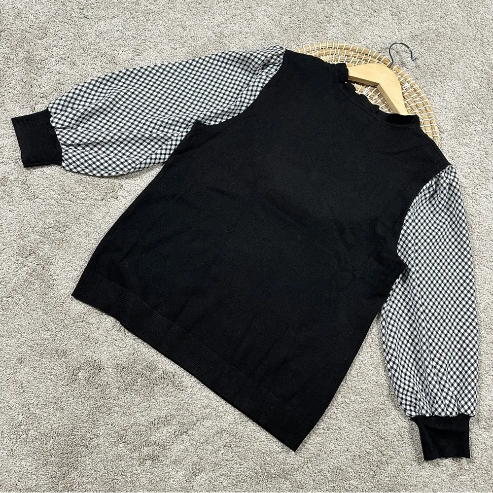 Adrianna Papell Sweater Blouse 3/4 Balloon Sleeve Gingham Ruffle Neck in Black M - Image 6