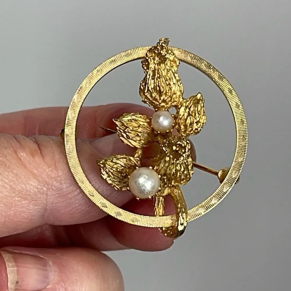Vintage gold flower bud pearl circular brooch Gold - Image 5