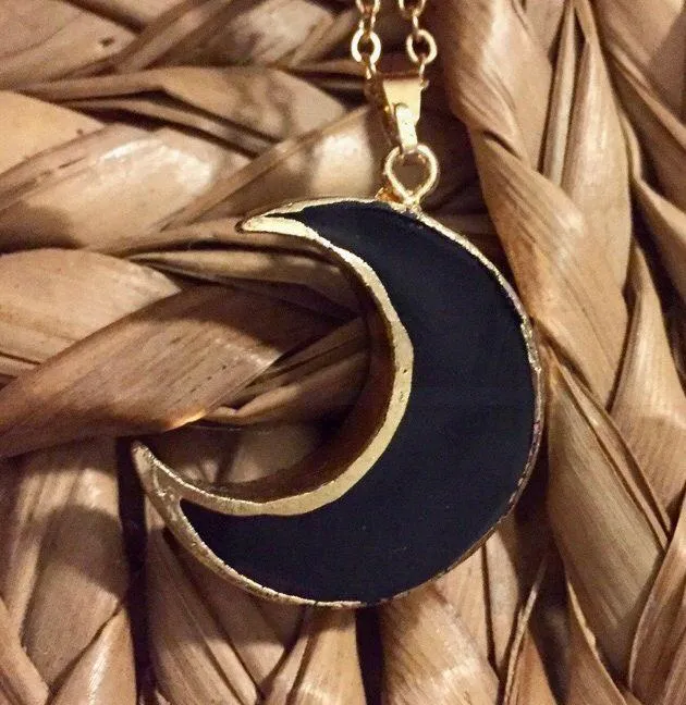 Crescent Moon Druzy Necklace Pendant Dainty New Goth Witch Halloween Astrology Black - Image 3