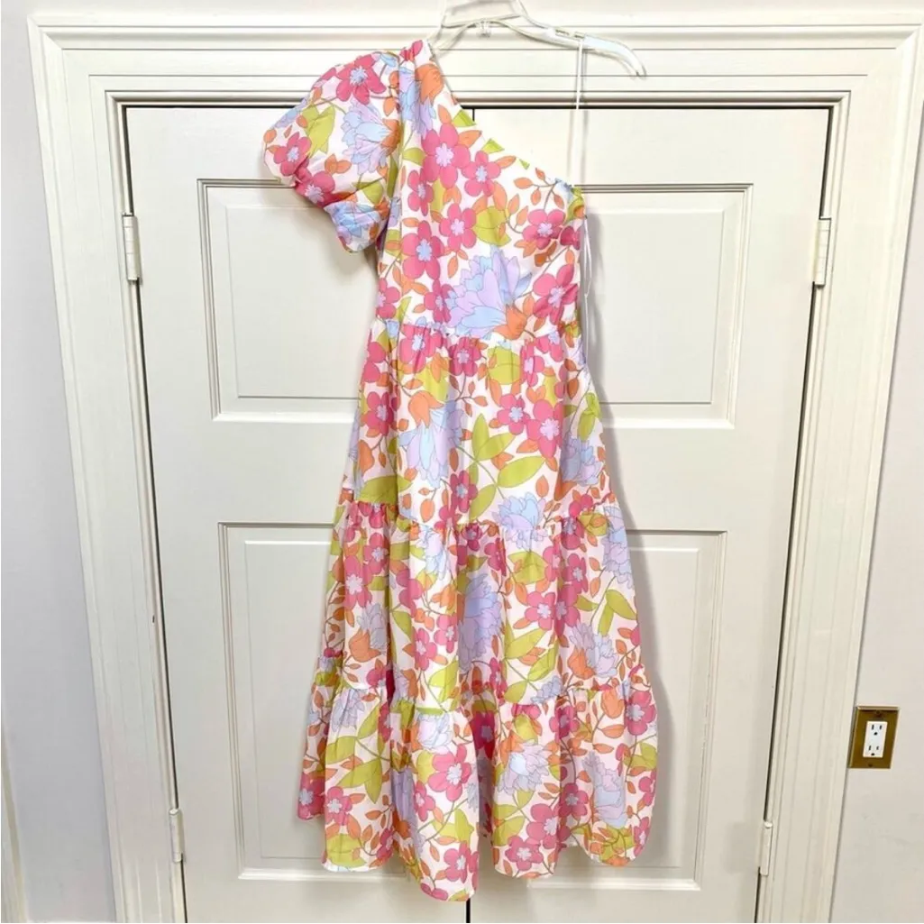 J.Marie Ava Mae Floral Puff Sleeve One Shoulder Midi Maxi Spring Dress size L Pink Size L - Image 8