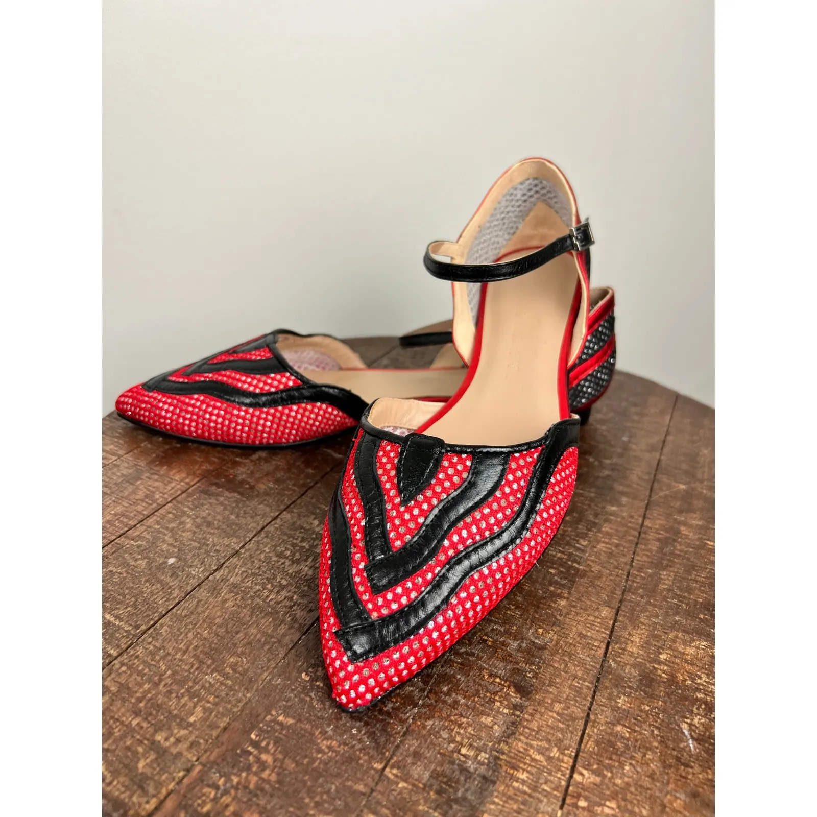 Designer Red Black Rhinestone Pointed Toe Ankle Strap Flats Size 40 - Image 11