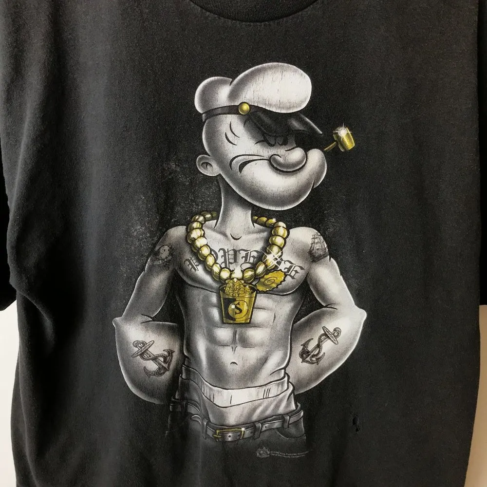 2009 Vintage Popeye Gangster Rap Tee T Shirt 00s The Sailor Man Cartoon Black XL - Image 5