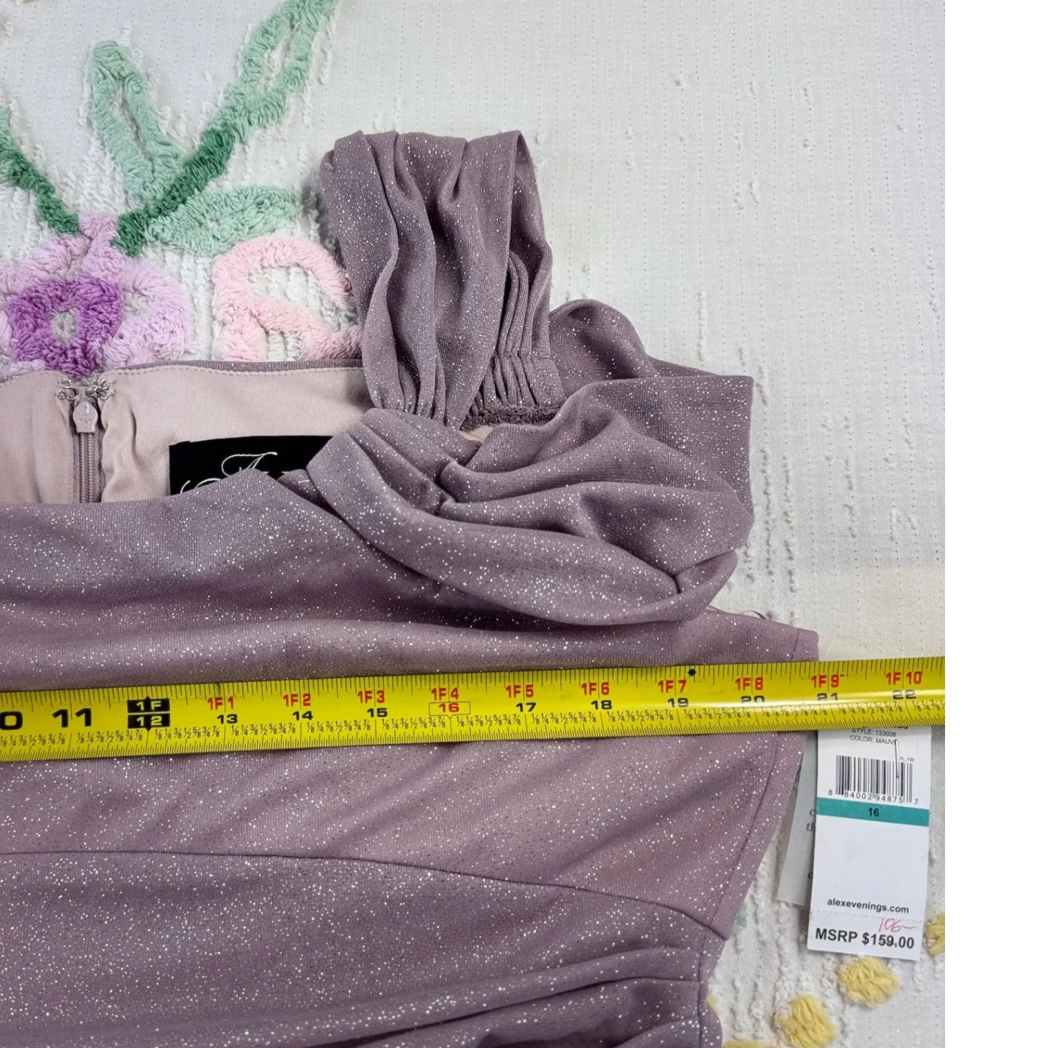 Alex Evenings Mauve Sparkle Ruched Off Shoulder Gown Formal Evening Dress 16 - Image 5