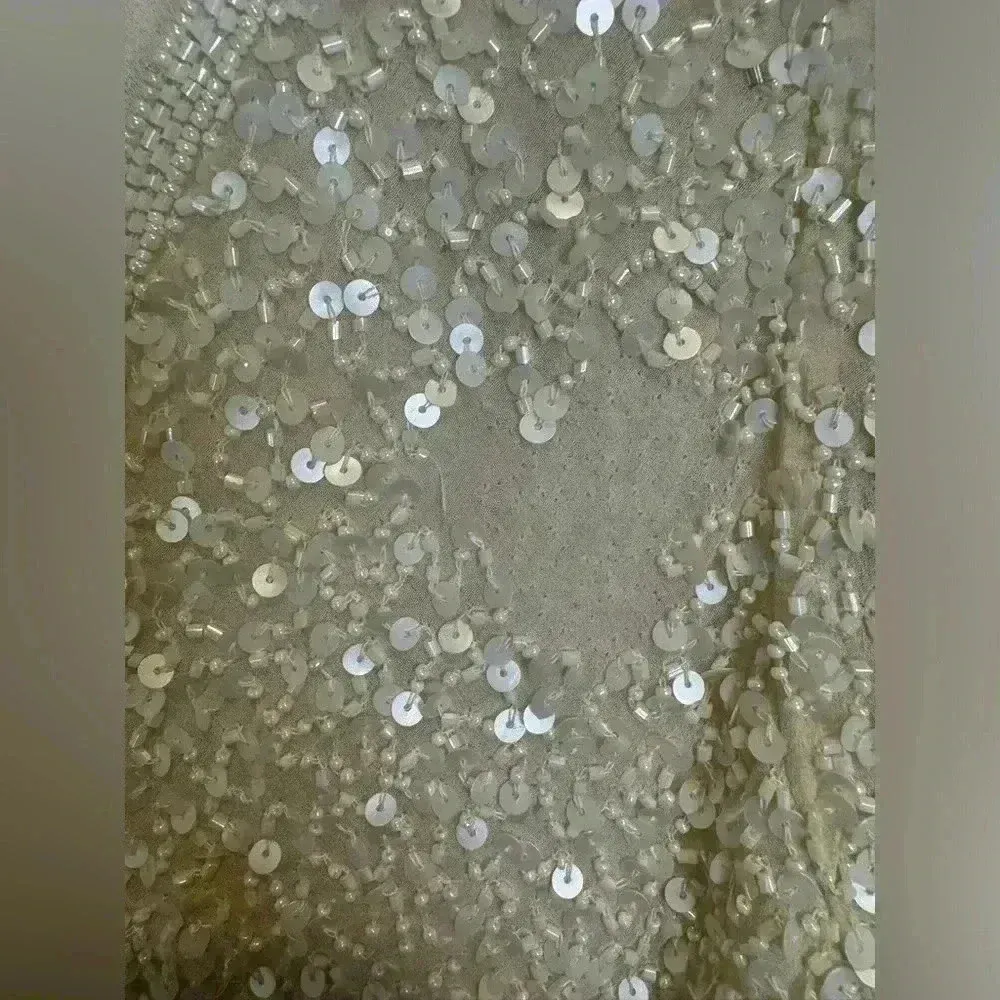 Vintage Papell Boutique Women’s Sequin Beaded Split Flutter Sleeve Silk Blouse - Image 9