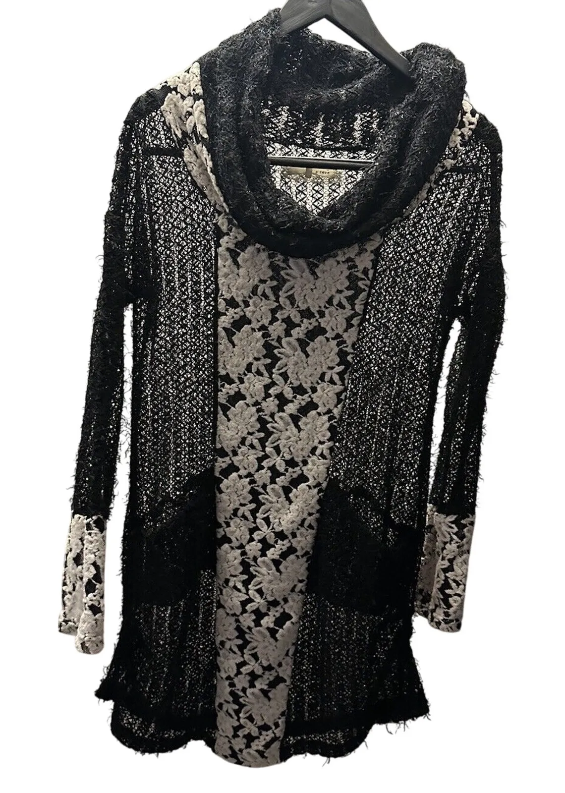 A'reve Cowlneck Sweater Black Cream Lace Tunic Medium Romantic Boho Whimsygoth - Image 1