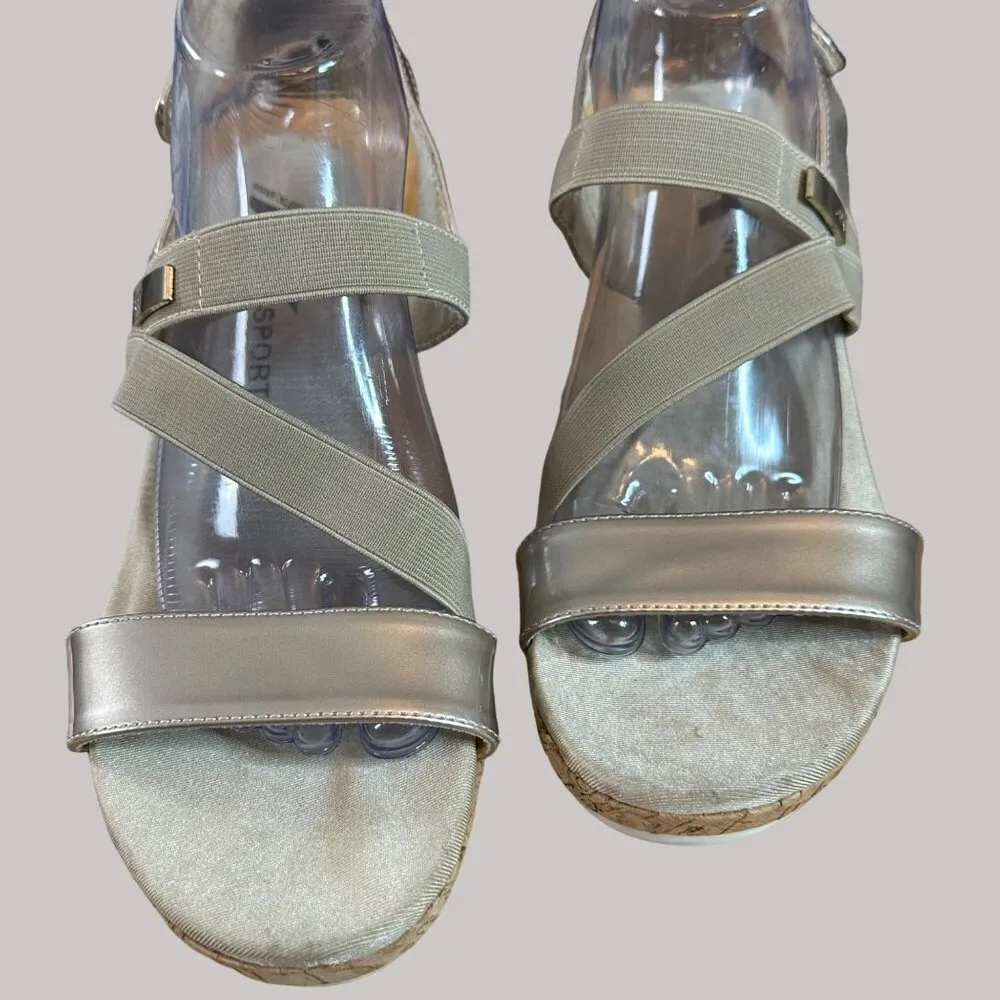 AK Anne Klein Sport Womens Wedge Sandals Strappy Beige Metallic Faux Leather - Image 7