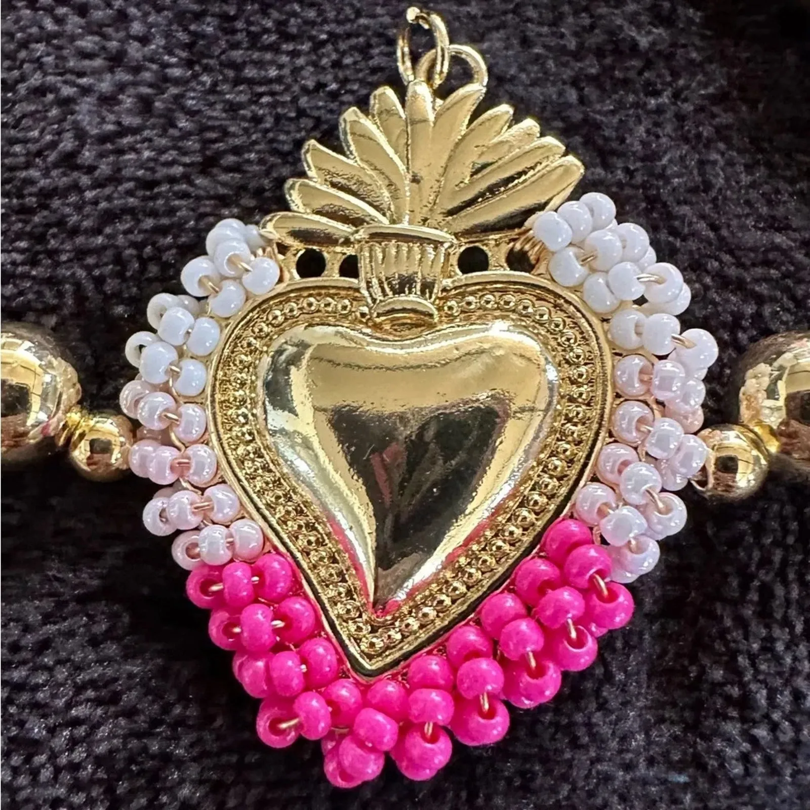Handmade Gold Plated Sacred Heart Bracelet Beaded Mexican Milagro Jewelry - Image 3