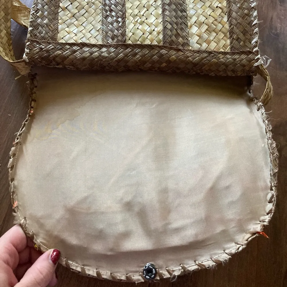 Vintage Woven Wicker Straw Raffia Floral Bag Tan - Image 5