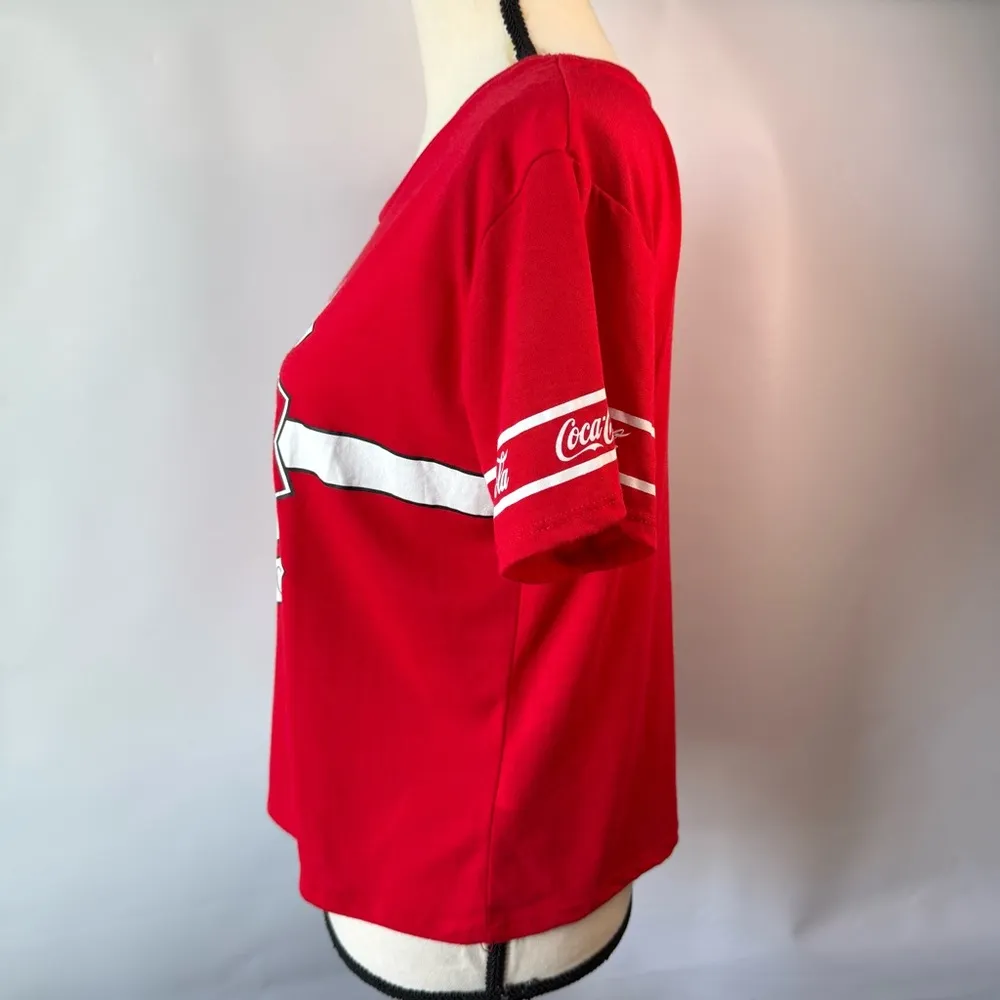 Coca Cola Women's Red Graphic‎ Tee size large boxy fit polyester rayon blend - Image 3