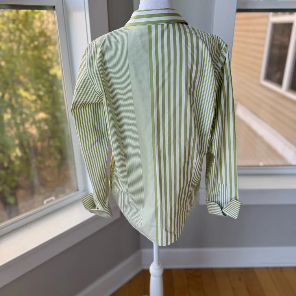 Liz Claiborne White Lime Green Preppy Striped Cotton Button Down Dress Shirt 10 - Image 3