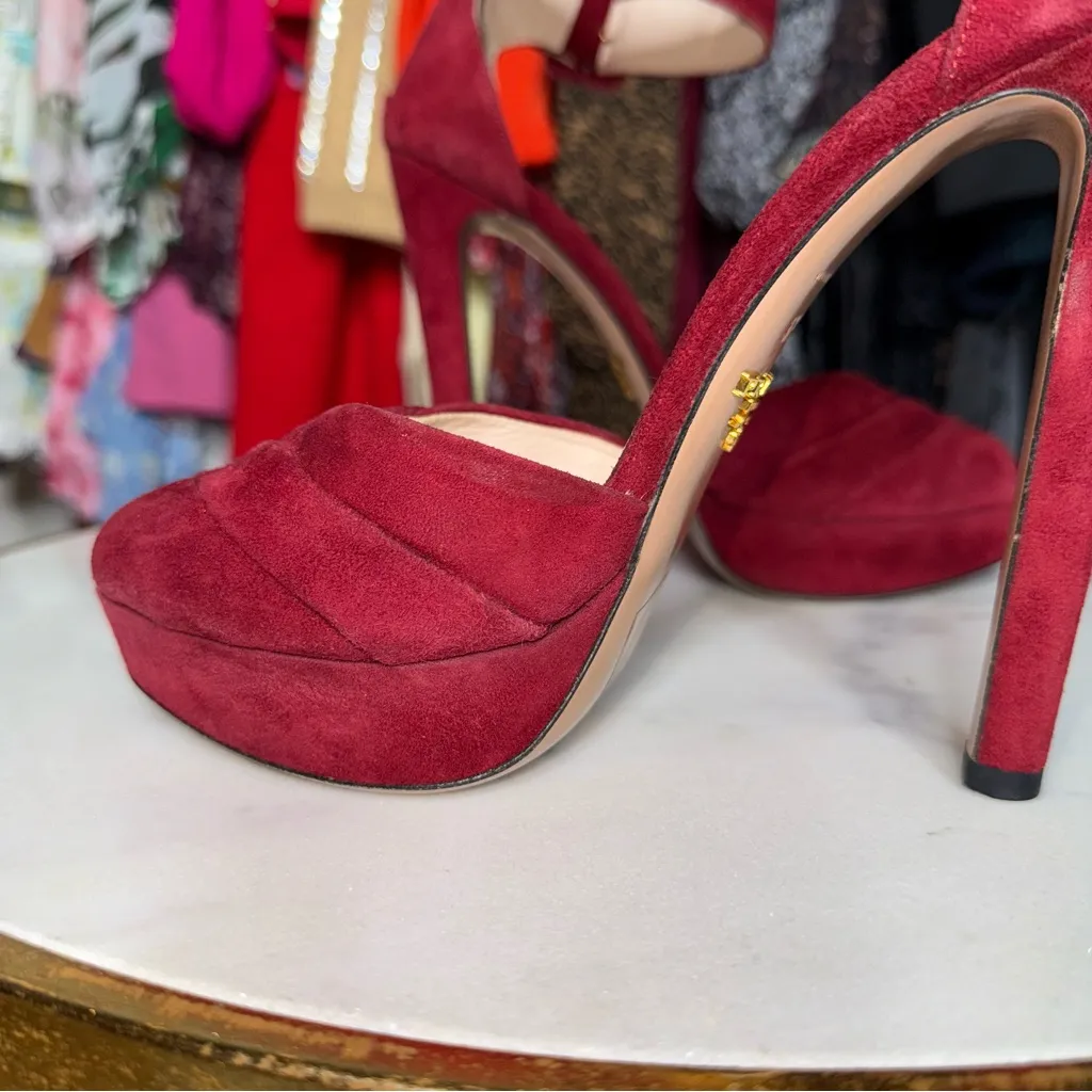 Prada Suede Peep Toe High Heel Sandals with Platform in Wine Red - Image 14