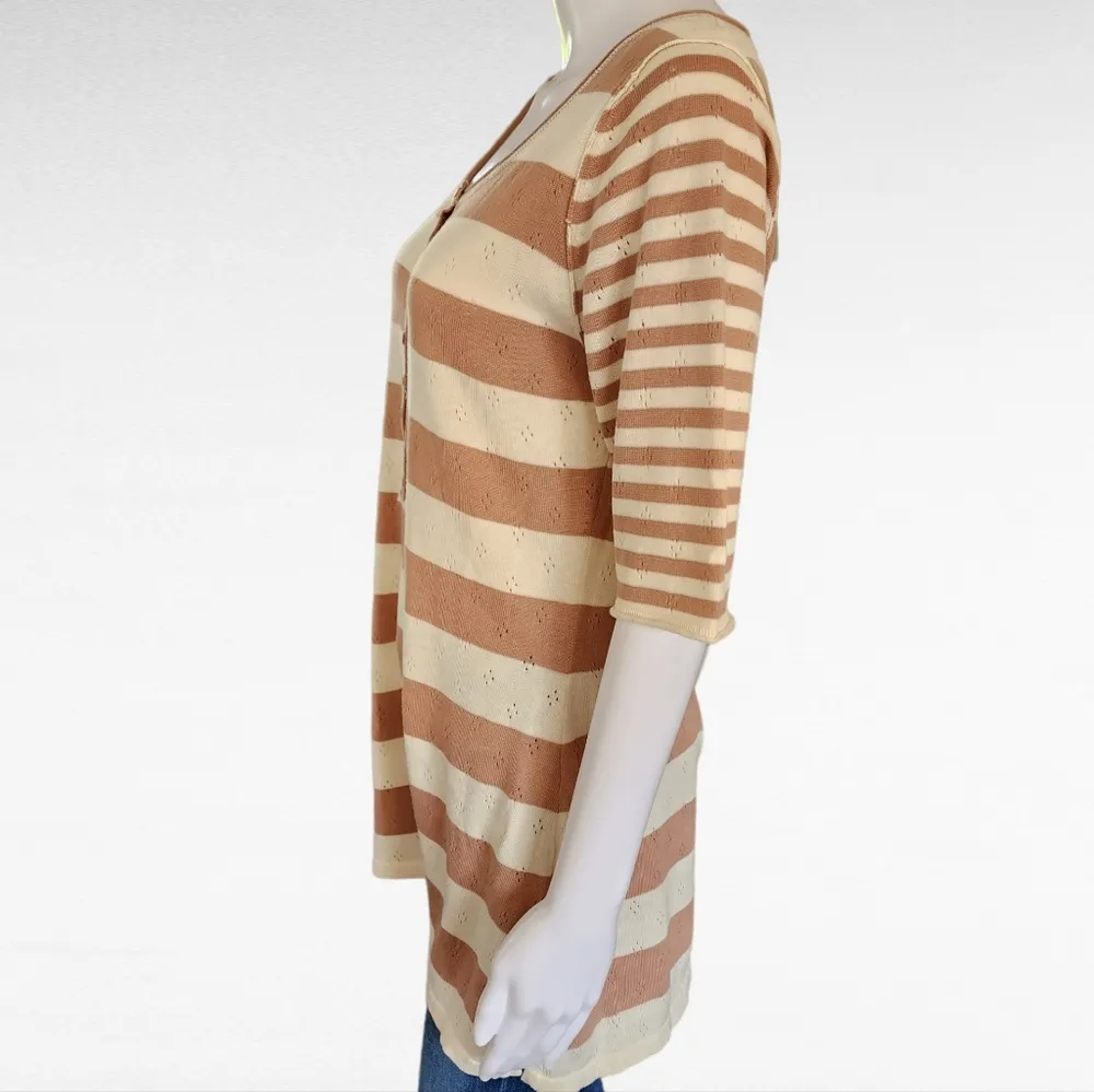 Anthropologie Shu Shu Beige Cream Stripe Pointelle Short Sleeve Sweater Large - Image 3