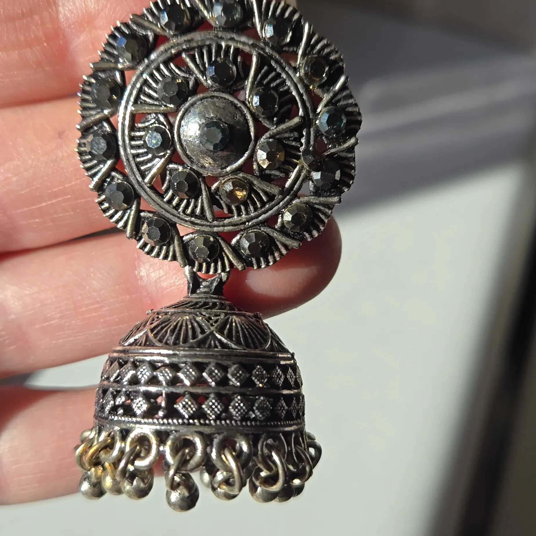 Indian Dangle Earrings Gunmetal With Marcacites Silver - Image 6