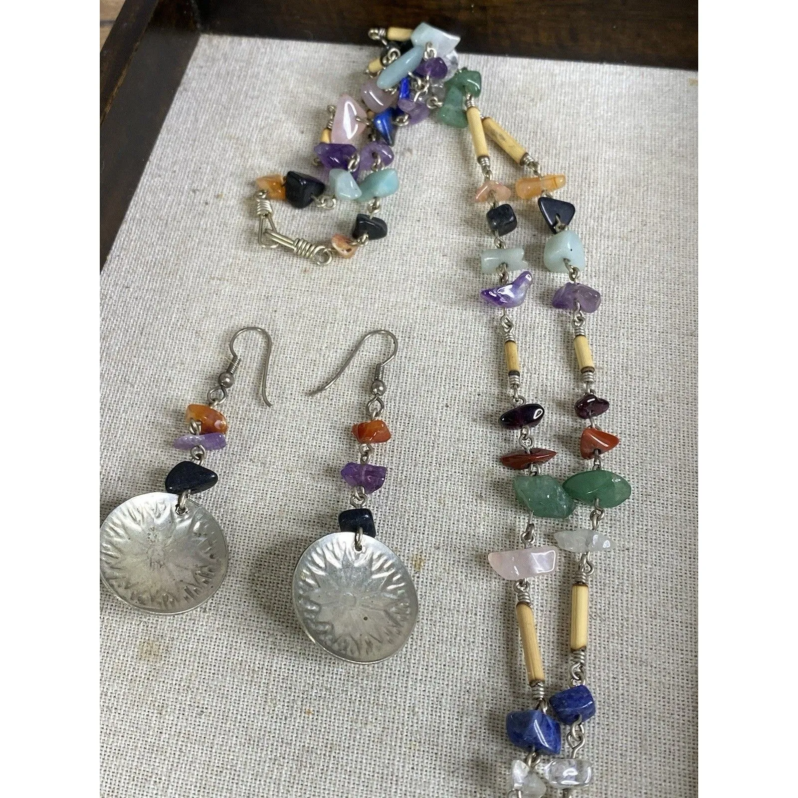 Native American Silvertone Conch Gemstones Nugget & Matching Dangle Earrings SET - Image 10