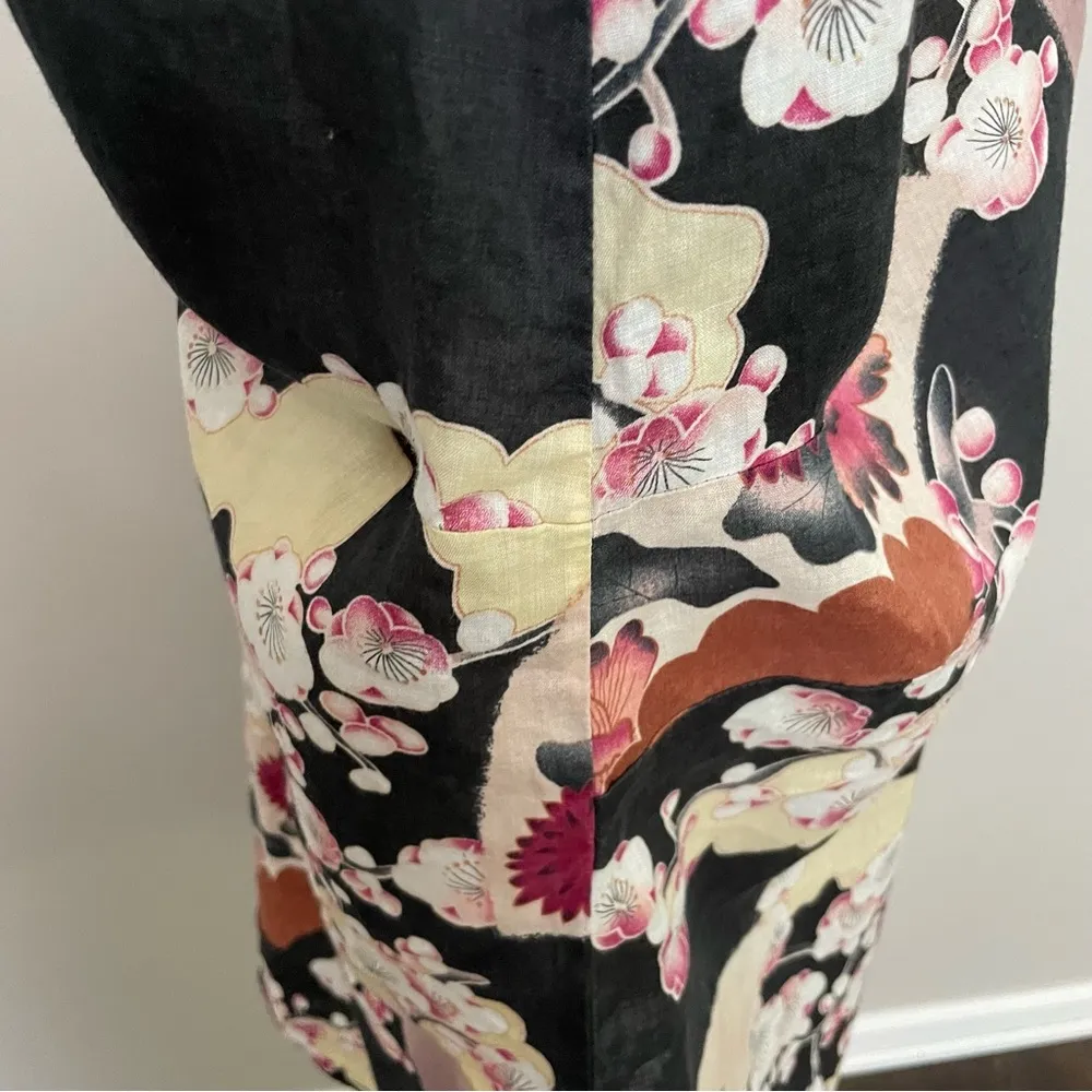 Citron Santa Monica Top Tunic 100% Linen Asian Floral Cherry Blossom Fans Black Size 2X - Image 9
