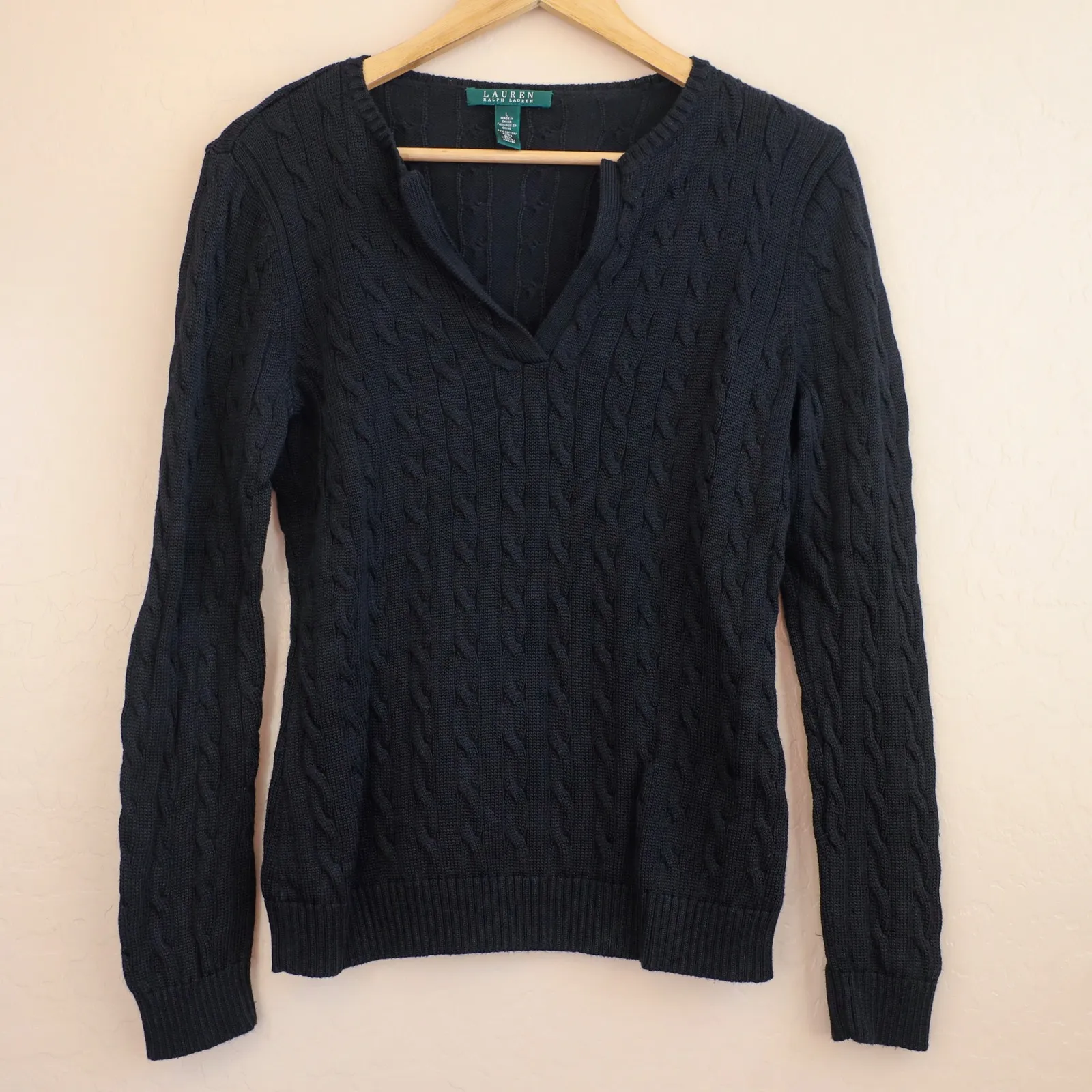 Lauren Ralph Lauren Black Cable Knit V Neck Sweater Women's Size L Cotton Blend‎ - Image 4