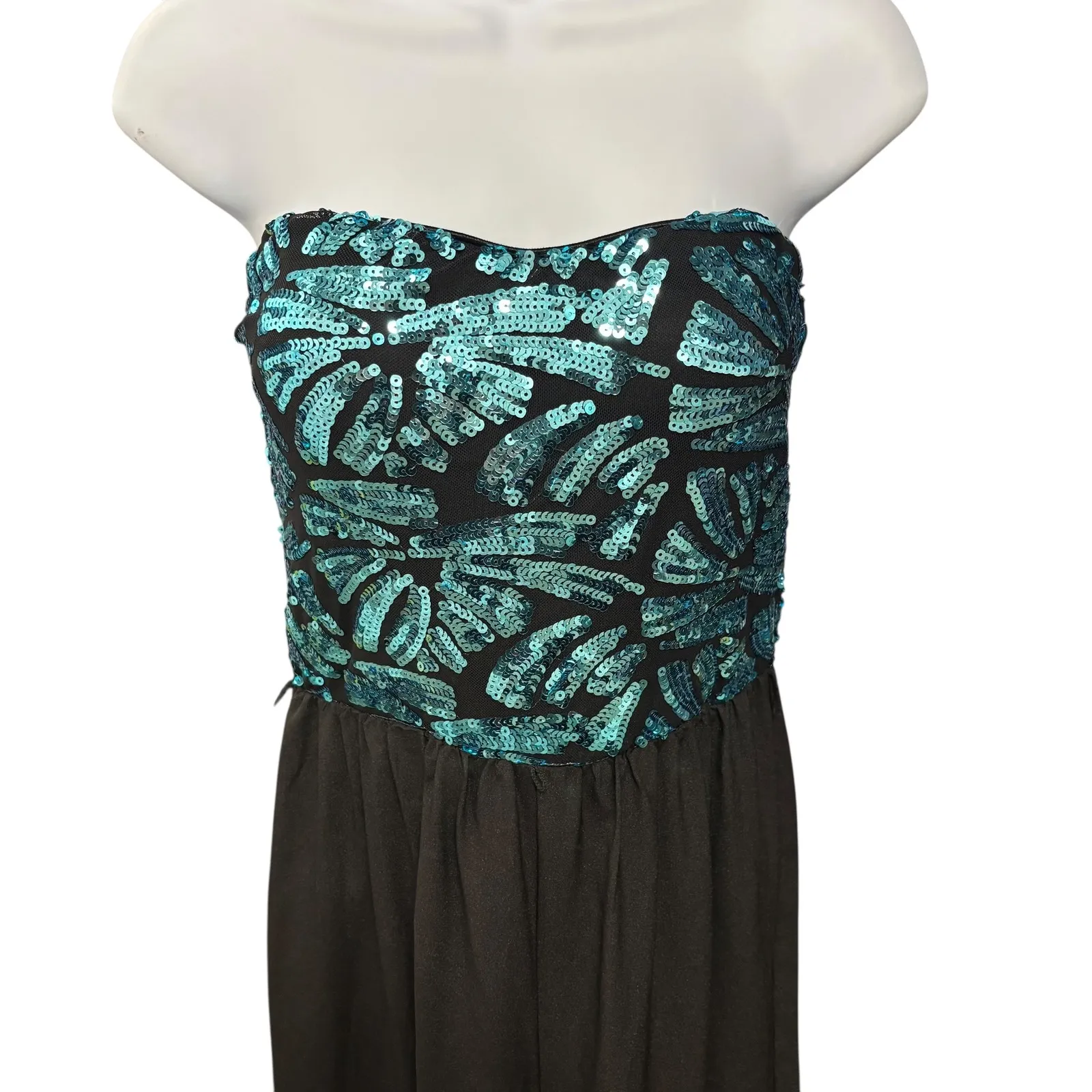 Love Reign Black Strapless Jumpsuit Teal Sequin Bodice Wide Leg M Whimsigoth - Image 3