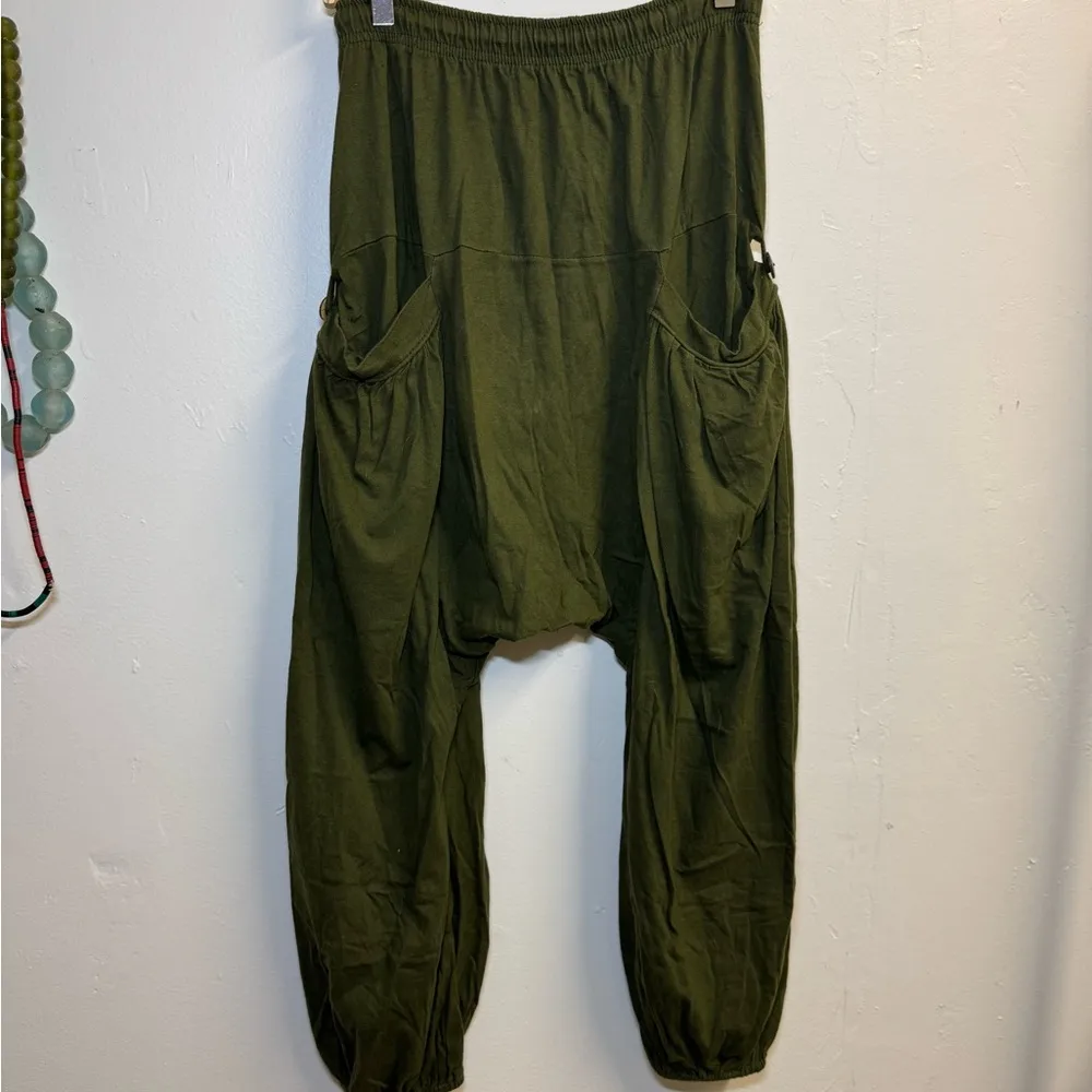Green harem pants XS / S cotton pockets drawstring - Image 6