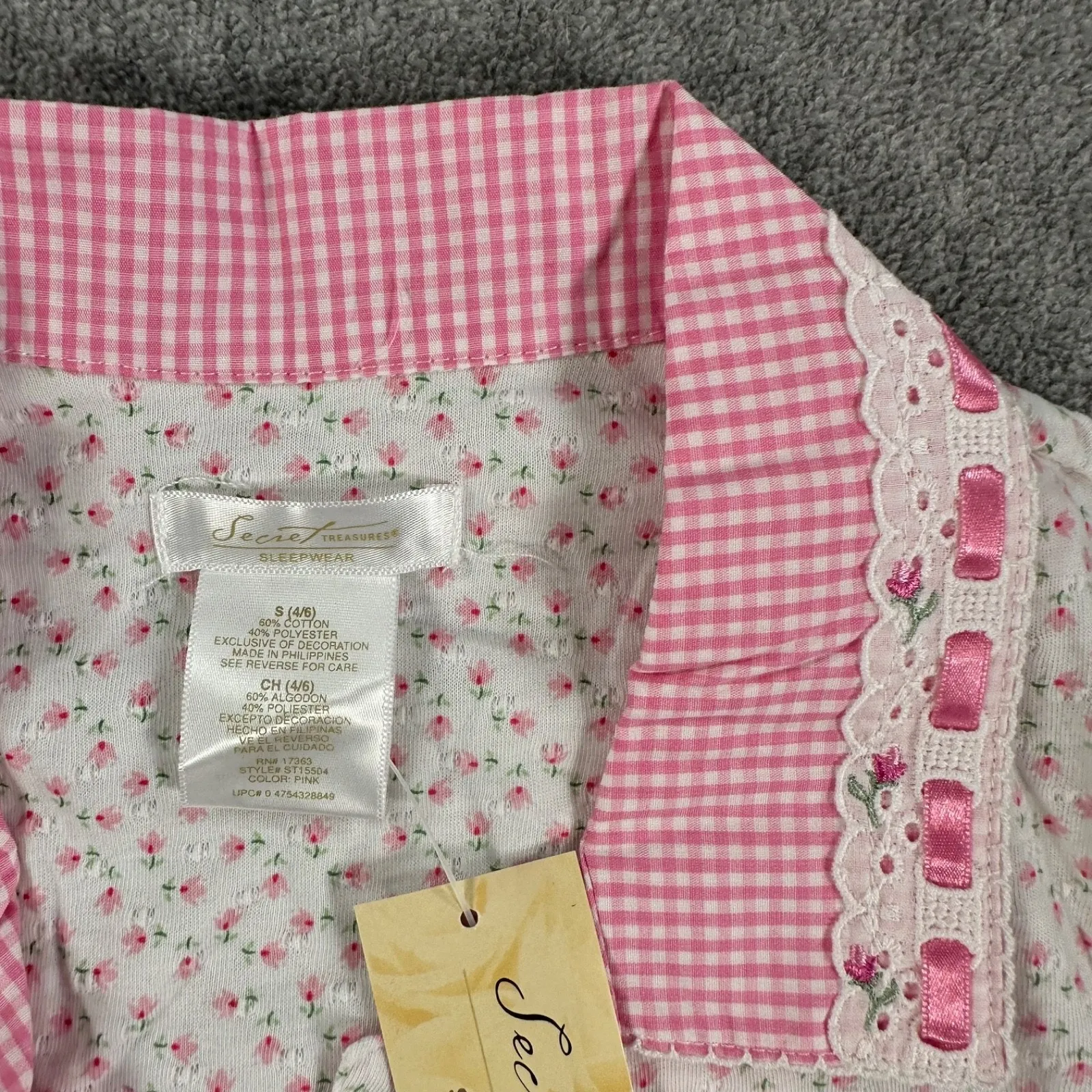 Secret Treasures Floral Gingham Pajama Set Women's Small Pink Cottagecore Sleep - Image 10