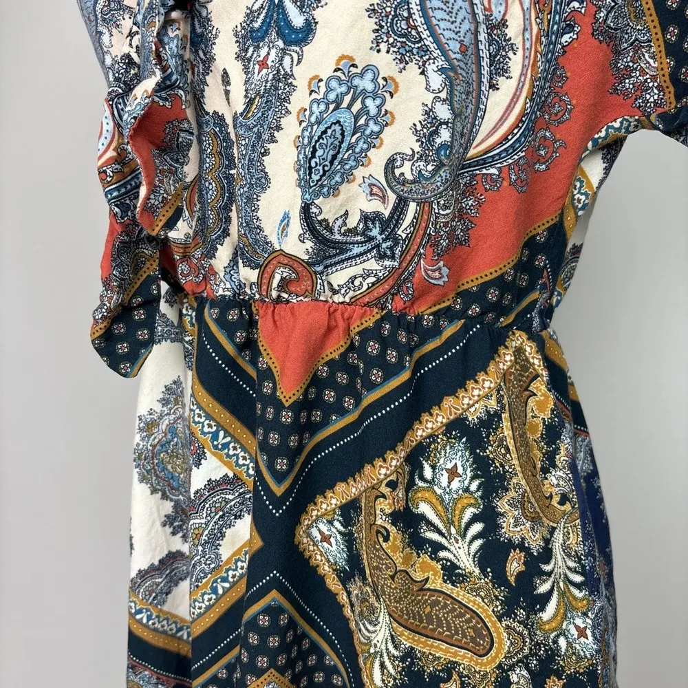 H&M Multicolor Handkerchief Scarf Paisley Tie V-Neck Short Sleeve Mini Dress 2 - Image 6