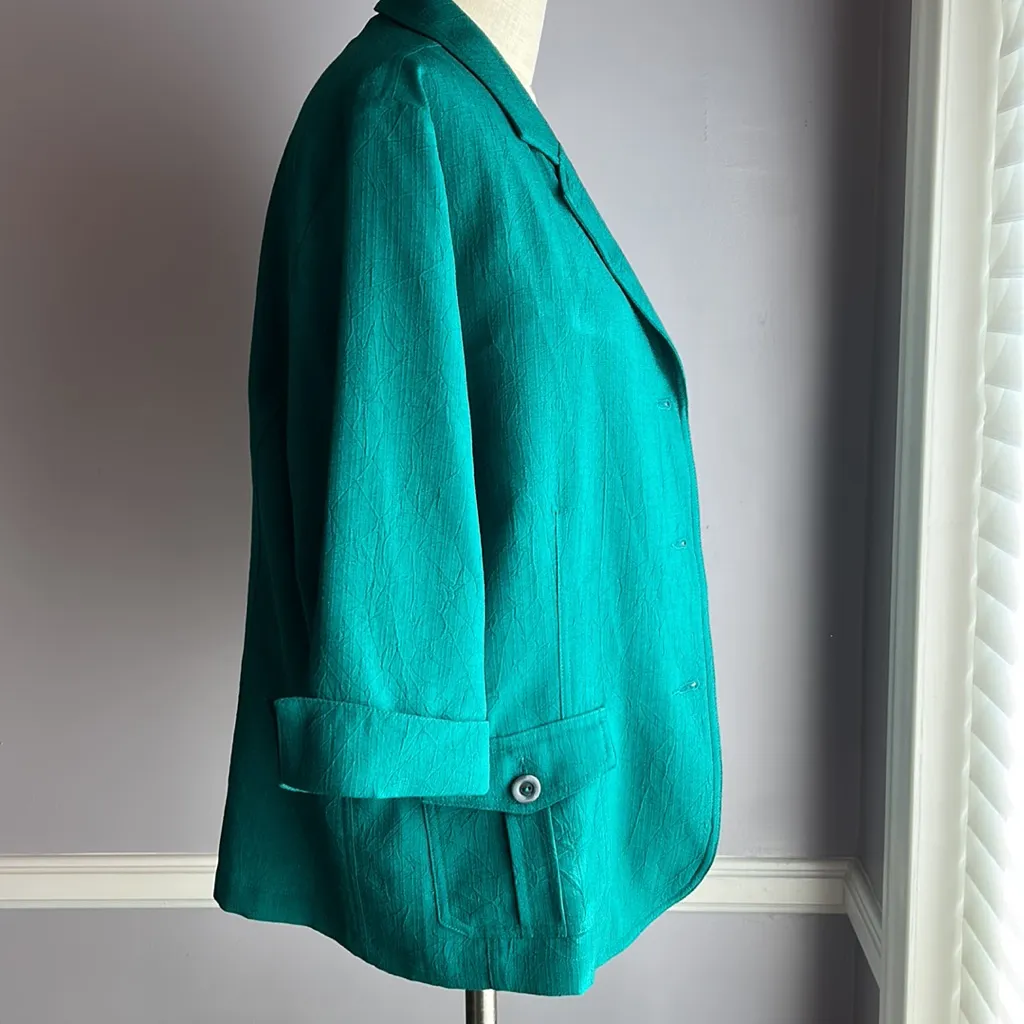 Vintage TanJay green crinkle 3/4 sleeve unconstructed button front jacket Size 12 - Image 2