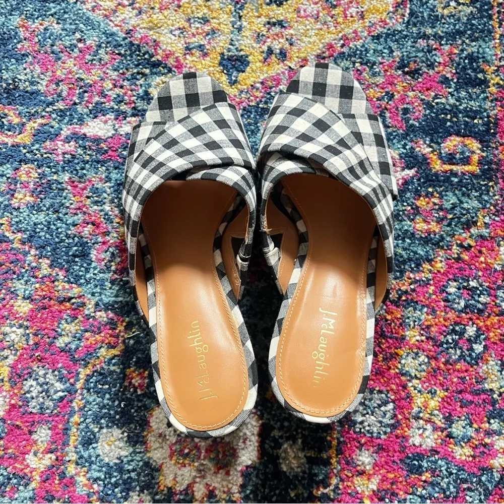 Tribeca Navy Blue White Gingham Plaid Cross Strap Sandal Heels 8.5 - Image 5